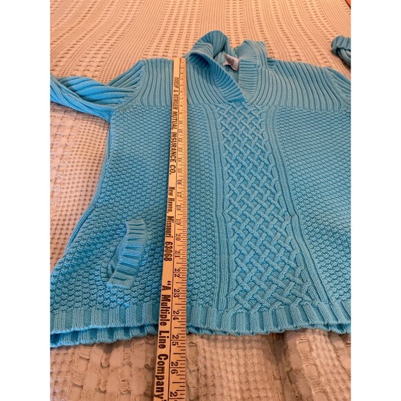Liz & Co Sweater Size XL Cable & Rib Knit V Neck Collar Pockets Turquoise Blue - Picture 11 of 11